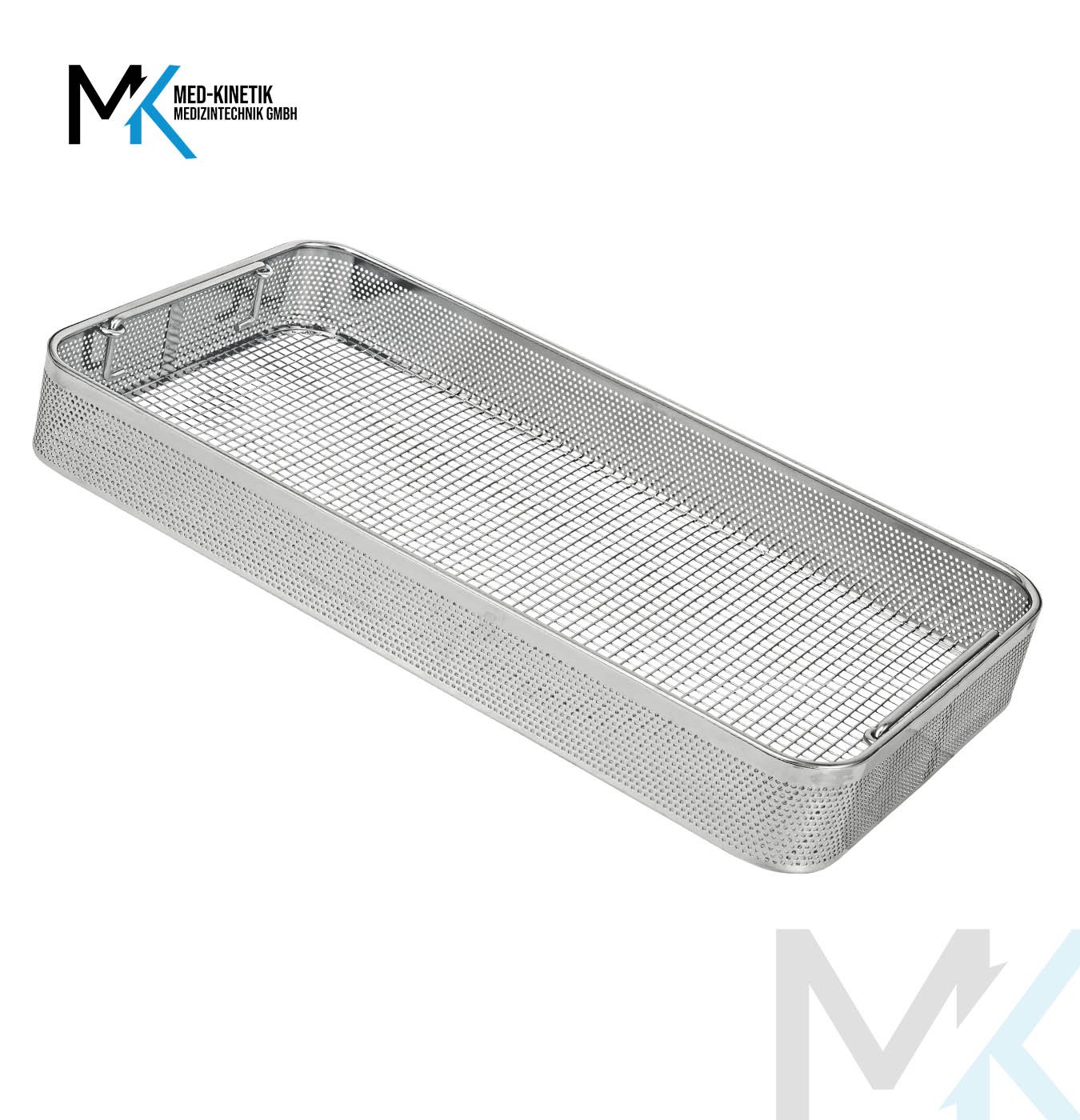 Flat Base Basket stainless steel sterilization tray with perforated sides and welded mesh base for surgical instruments.