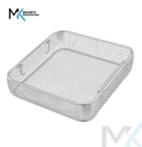 Stainless steel wire mesh tray for surgical instrument sterilization from a certified medical baskets and trays supplier in Germany