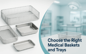 Professional banner showing stainless steel medical baskets and trays with clean surgical environment.