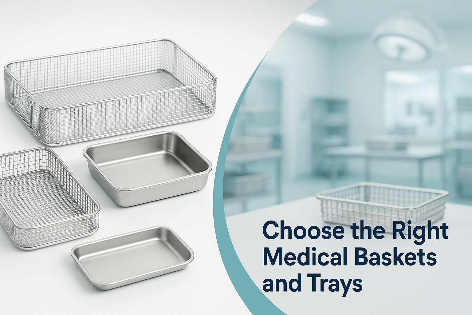 Professional banner showing stainless steel medical baskets and trays with clean surgical environment.