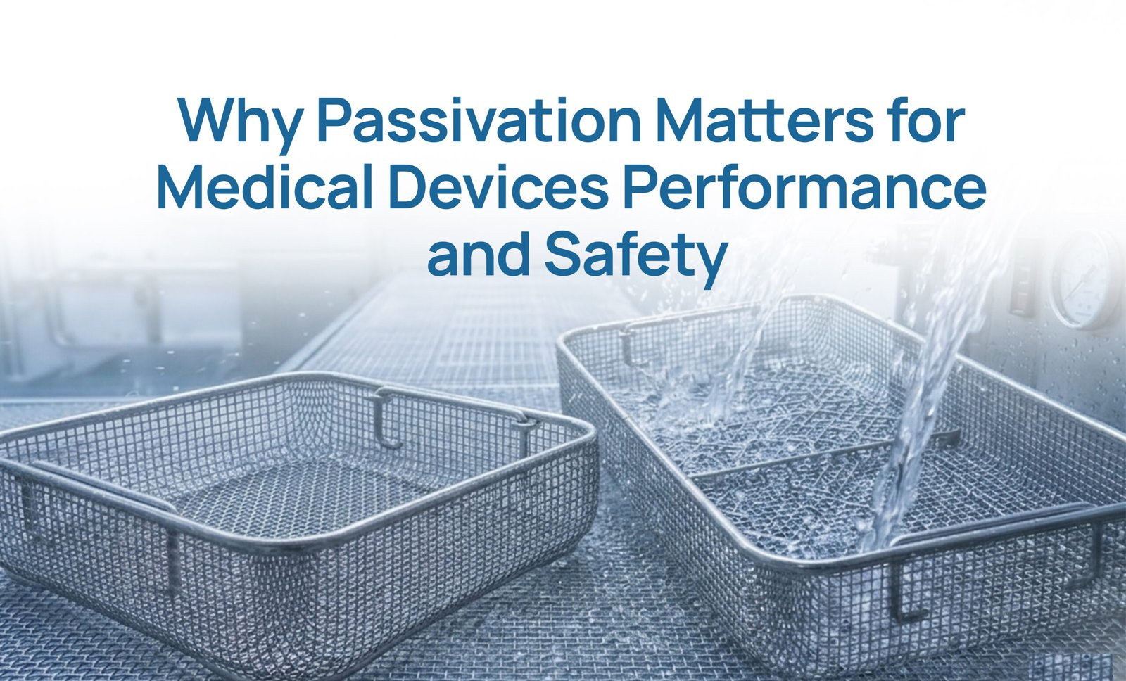 passivation medical devices process showing stainless steel surgical baskets with water cleaning for corrosion resistance and safety